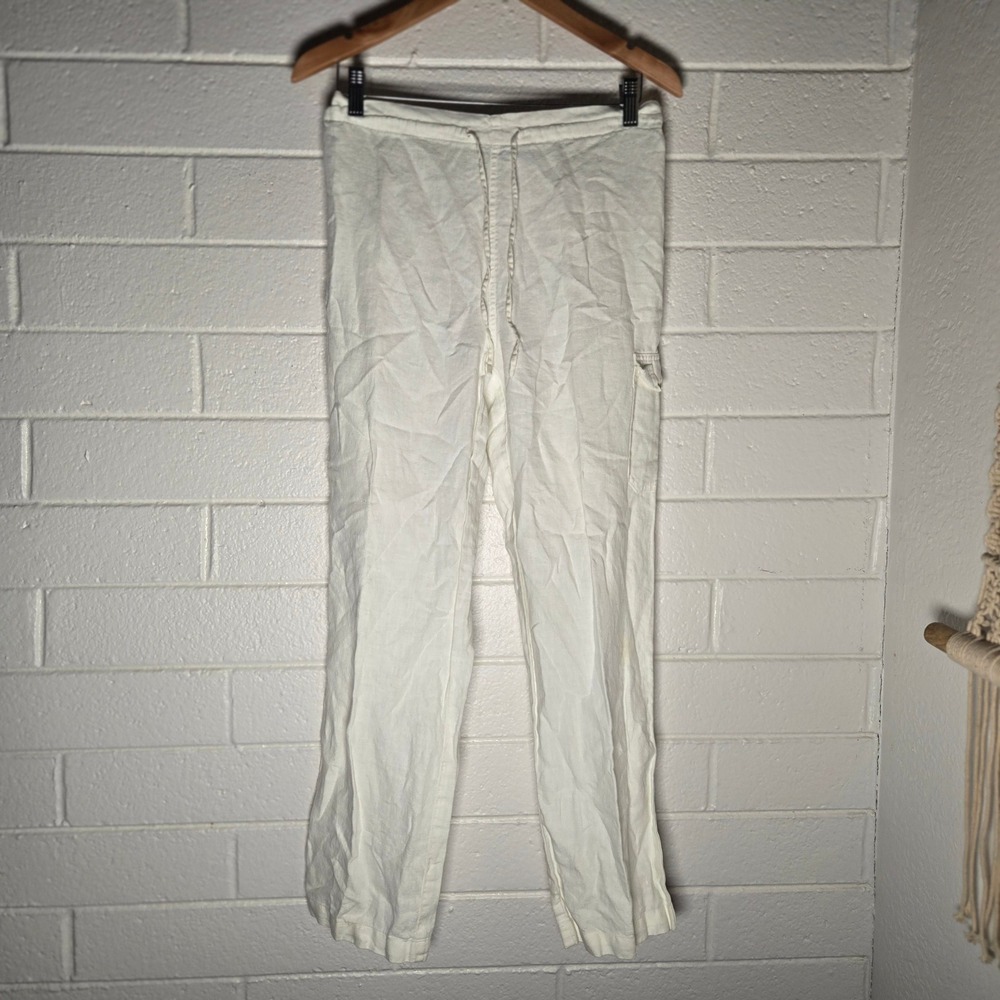 Vtg St Johns Bay Womens Linen Cargo Pants White Small Drawstring Coastal Beach